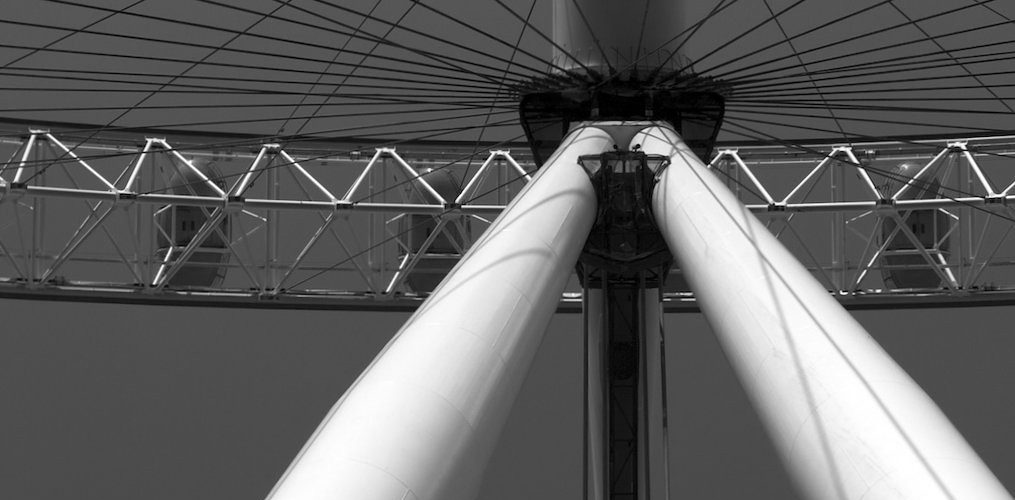 The hub of the London Eye is shown in black and white