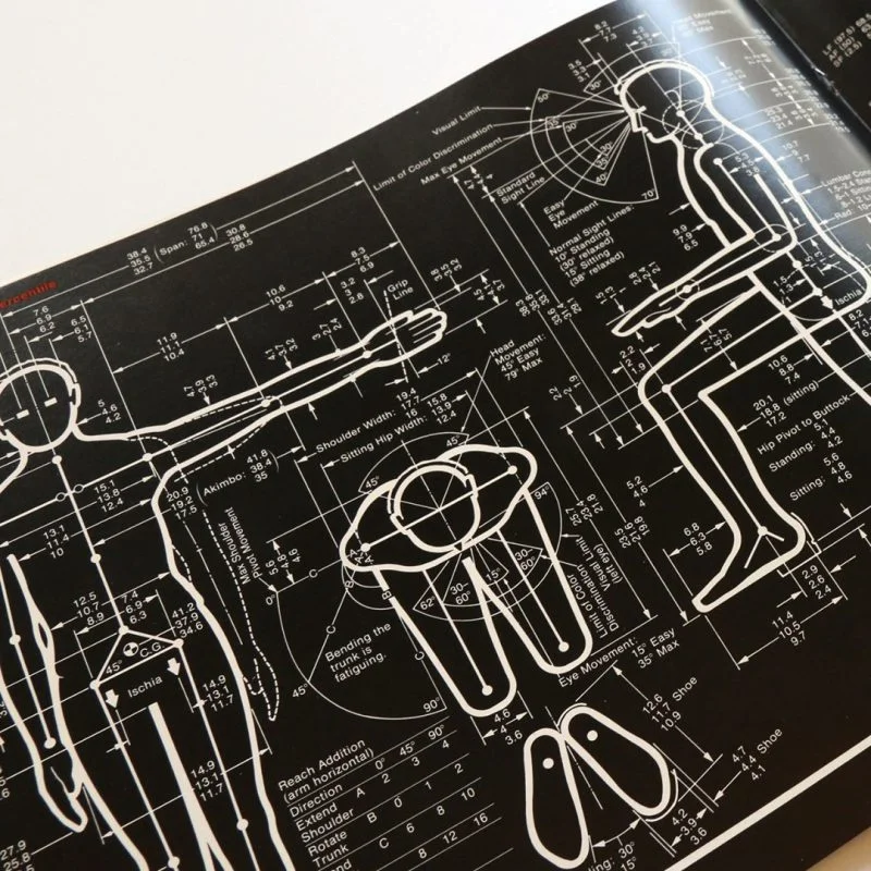 dimensions surround human figure illustration to show ergonomics
